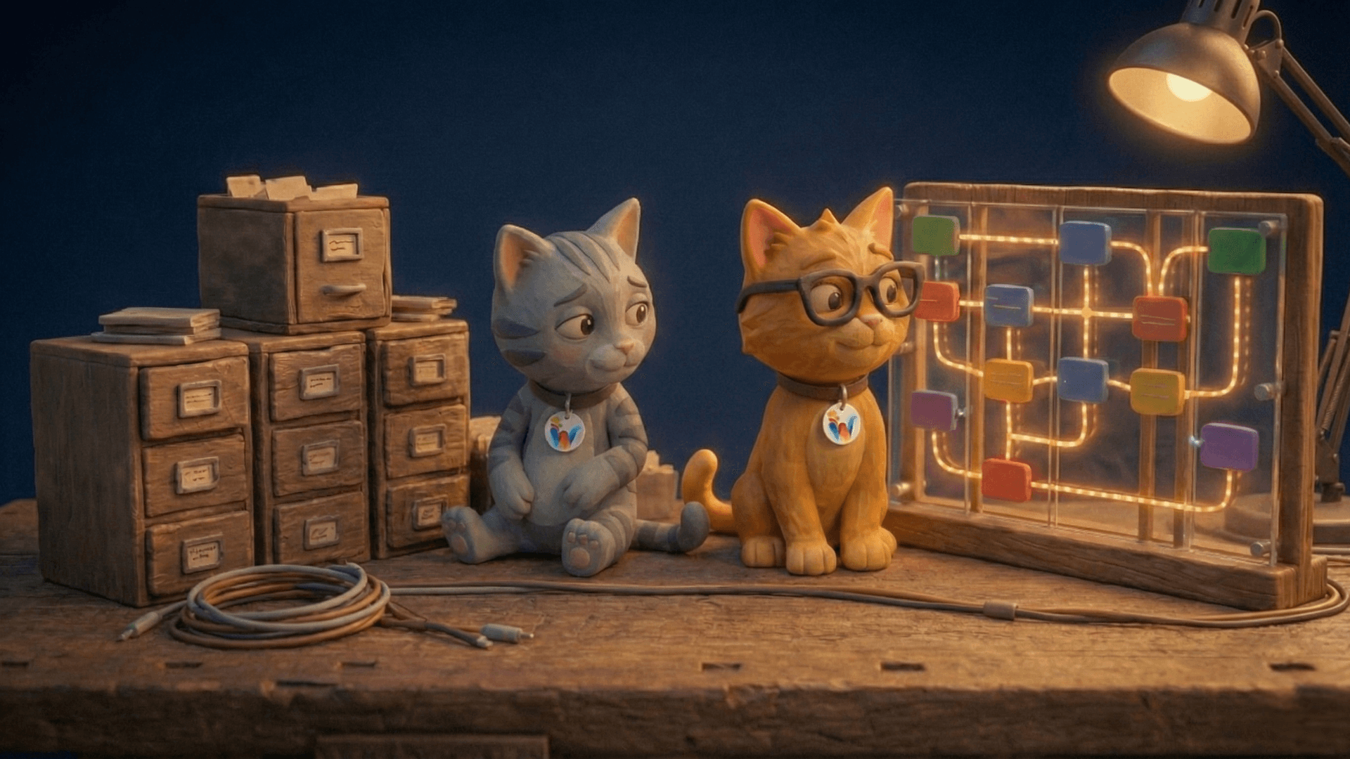 Olive and Pumpkin in front of a completed miniature logic board with nodes connected by glowing amber threads, both looking at it with the quiet satisfaction of something that actually worked.